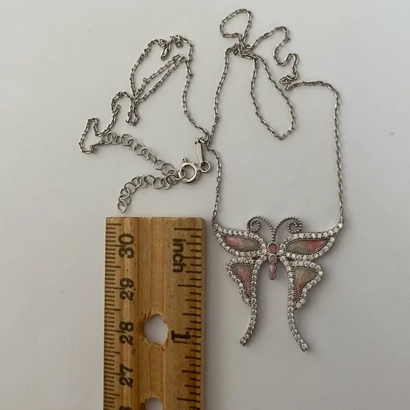 925 Silver butterfly necklace cz pink white enamel